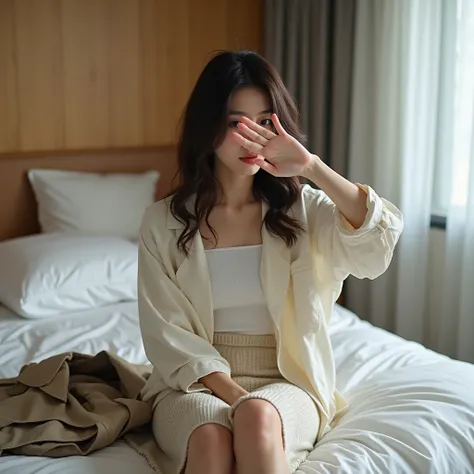 A picture of a Japanese woman around 40 years old sitting on a hotel bed and hiding her eyes with the palm of one hand。 She has attractive medium hair wrapped inside。She seems to be a housewife raising ren on a daily basis。I'm wearing a knitted tight long ...