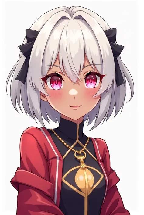 An anime-style female character with neatly styled white hair with black roots. Her eyes are rose-colored with circular irises, radiating a soft, gentle, and sweet expression. She has a warm and inviting smile, exuding a charming yet slightly mischievous a...