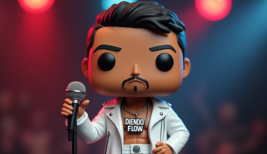 Create Uruguayan funko pop, white-leather Reggaetonero, with a necklace that says Diendo Flow,  with a microphone in hand, with color palettes 