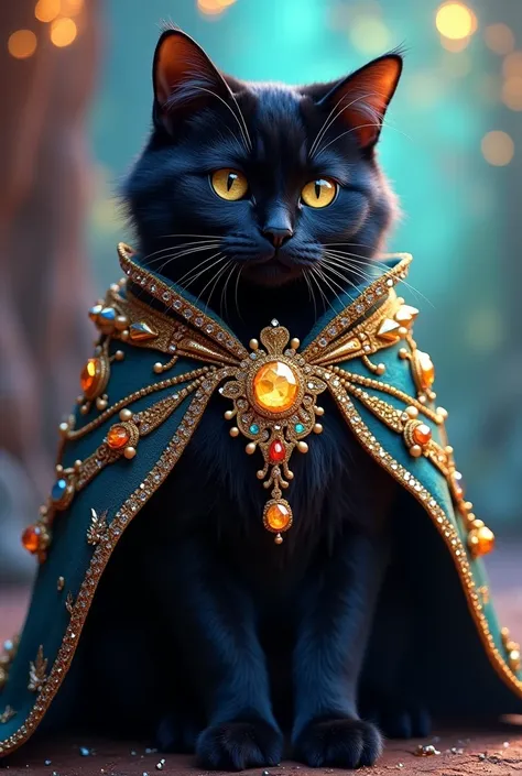 Furry black cat in gemstone clothes 