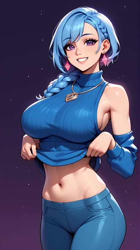 looking at viewer, 1girl,highly detailed, strong colors, cute smile, strong blue hair, a lot of hair, short haircut, hair to the neck, long braid, blue braid, a single braid, light purple eyes, pink rhombus-shaped earrings, pink rhombus-shaped earrings nec...