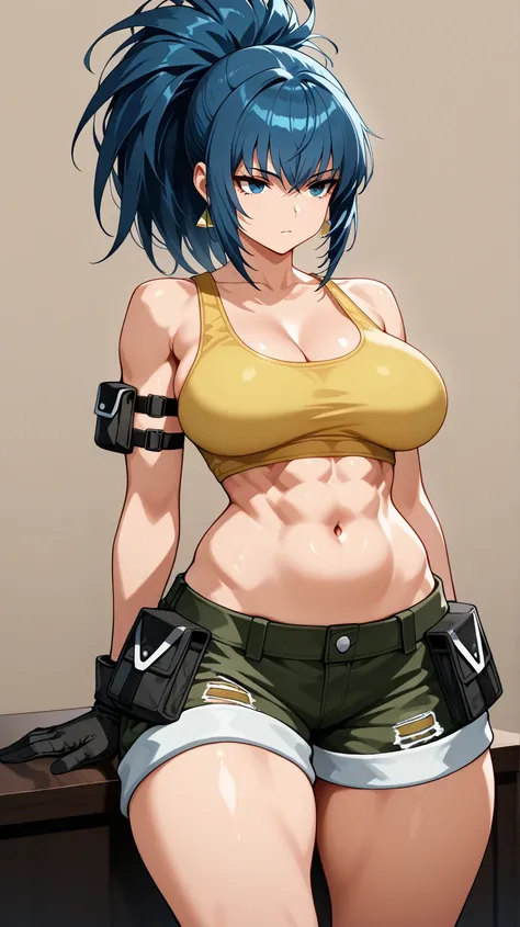 (obra maestra, the best quality, amazing quality),( official style), More quality in the eyes,  Simple background , latest ,1 girl,  Simple background , beautiful eyes, muscular, Leona Heidern,  yellow tank top, shorts, belly button, big thighs, nice breas...