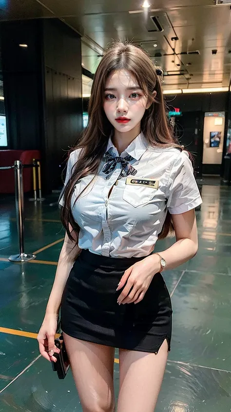 A beautiful, 24-year-old Japanese woman with perfect anatomy, healthy thighs, beautiful legs, beautiful skin, random hair color and style, large breasts, (wearing a flight attendant uniform with a mini-skirt:1.3), (she is standing:1.2), full body shot, pum...