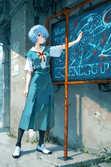 score_9, score_8_up, score_7_up, UHD, 1girl, solo, Masterpiece, UHD, Ayanami Rei, full body, action painting, uniform, yubu, Neon Genesis Evangelion