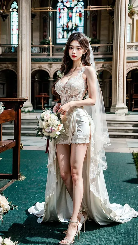 A beautiful young Japanese woman, 26 years old, with healthy thighs, beautiful legs, flawless skin, random hair color and style, large breasts, wearing a (wedding dress:1.3), (she is standing:1.2), full body shot, high heels, holding a bouquet in her hands...