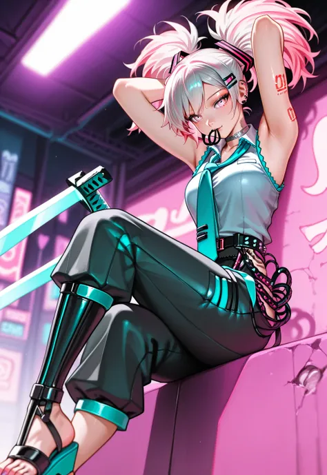  Hatsune Miku, twin tails on legs,safe_Location,  score_9,  score_8_ up the side,  score_7, Hatsune Miku, chest, Alone, large chest,  tattoo, ear  piercing above spo,  piercing above spo,   pants, Gray Hair, belt,  pink eye,  Watch Viewers , sword, arms  u...