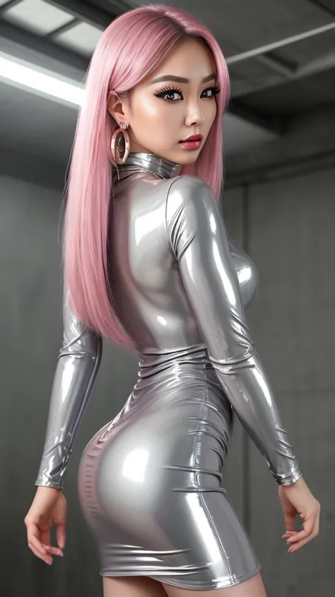 Super Detailed image of gorgeous asian woman, wearing metallic silver dress, Slime skin, latex silver dress, Pantyhose, latex shiny, shiny reflective, perfect make-up, nude, shiny,Slimy, latex metallic silver skirt, chocker, standing in hall, straight hair...