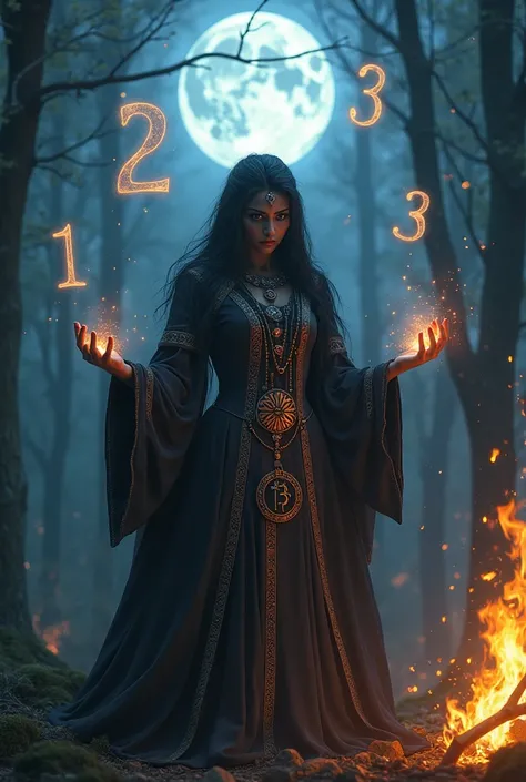 Create an image of a black-skinned witch around a campfire, with numbers floating under the moonlight  