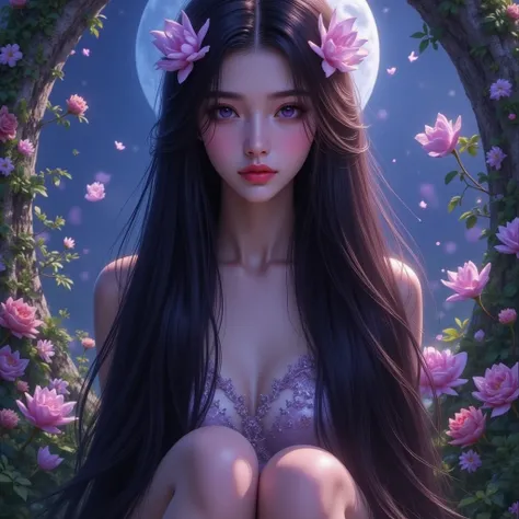 （  Top Quality 。  highest resolution 。  super realistic photo  。  full body portrait in front of  。）  super long hairの美しい女性がいる 。 More beautiful than a beautiful actress 。  beautiful young women 。  in a garden with lots of flowers blooming where no one else...