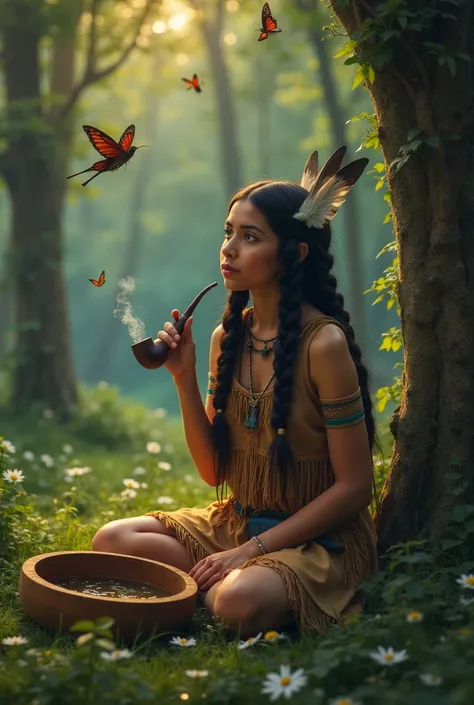 A young Indian  sits on the grass floor with a pipe in her hand and a wooden bowl of water with black hair and braids with feathers of birds surrounding her many trees in a forest illuminated with flying butterflies 