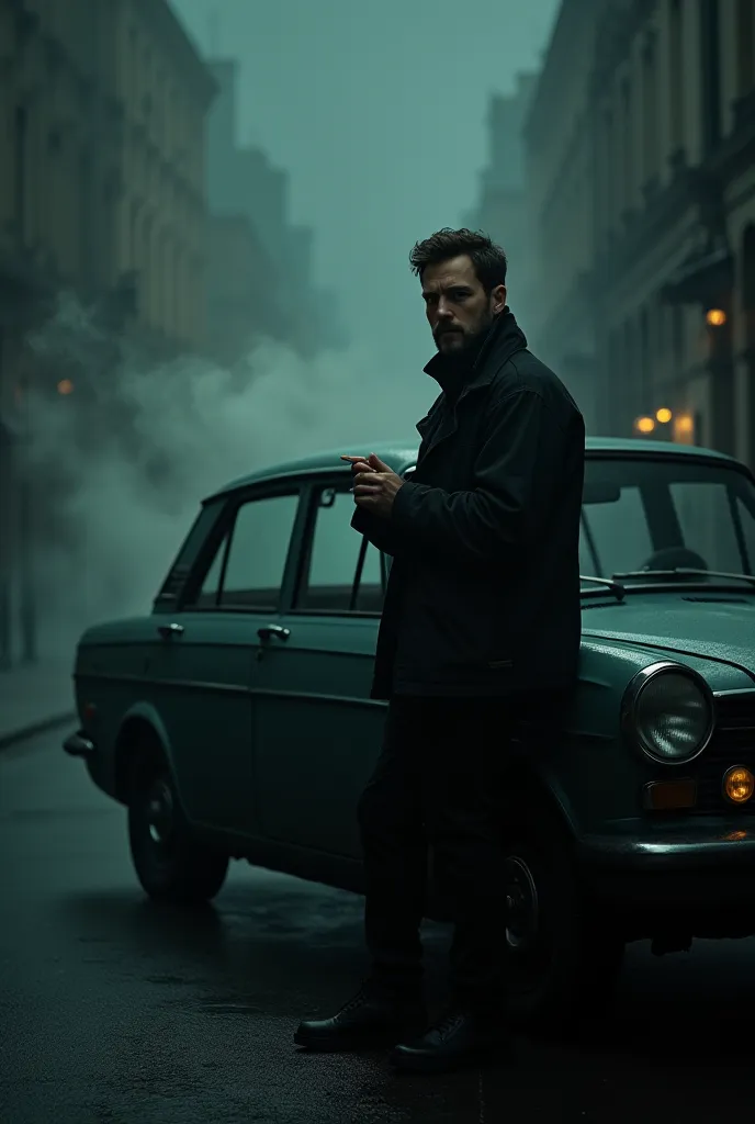 Make a man in a black jacket,smoking cigarettes leaning against the car door in a Celtic car on a dark street with smoke and fog in the middle of the night. Away from the camera,The viewer's agates 