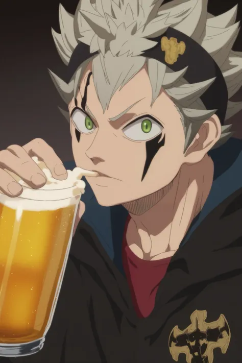 score_9, score_8_up, score_7_up, source_anime, (realistic:0.6), looking at viewer, , , 1boy, solo, male focus, asta_black_clover, grey hair, green eyes, spiked hair, , facial mark, demon form, , demon wing, toga costume, drinking beer, , 