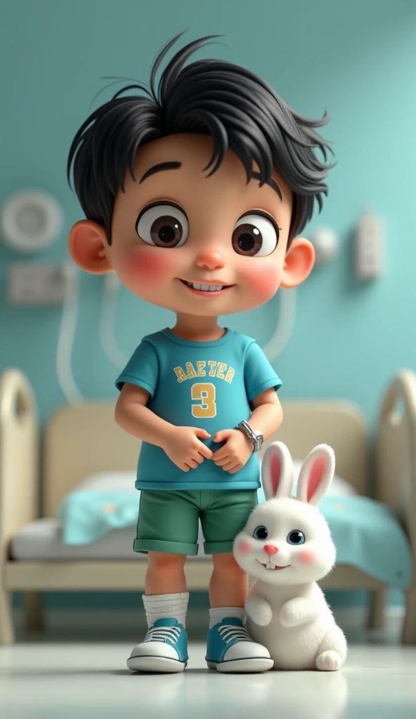  3D Pixar-style image of a boy with a round face ,  big expressive eyes ,  black hair short ,  She wears a blue t-shirt with the letters  ,  green shorts,  Blue Sneakers , 、I'm resting in a hospital bed with a small bandage wrapped around my leg.  A little...