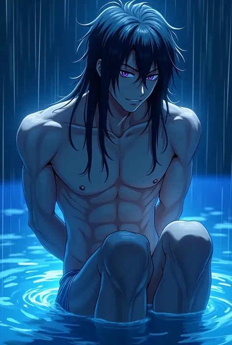 Semi-realistic, screenshot my hero academia, handsome man, long wet black and white hair, purple eyes squinted with a serene expression while sitting in the water in the rain, with muscular naked torso. The bright blue lighting gives him an ethereal and fu...