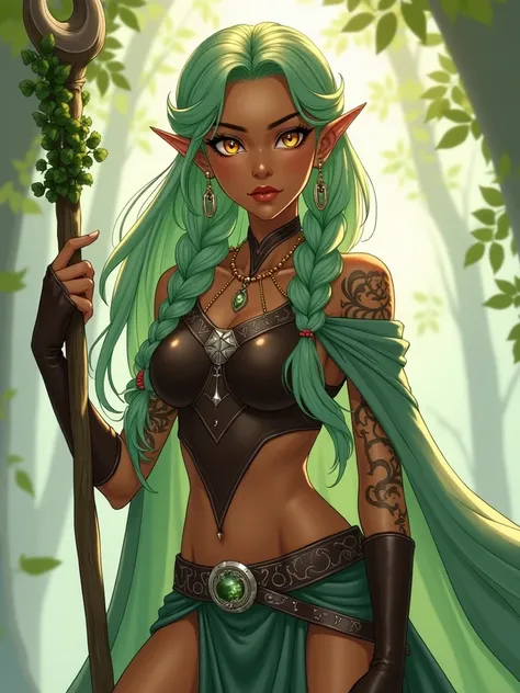 1 Mädchen, Hochauflösung, Anime-Stil, Sanfte Beleuchtung, tall, toned figure, deep warm brown skin, long pastel green hair styled in thick braids adorned with golden beads, striking amber eyes with a soft glow, high cheekbones, full lips, elegantly arched ...