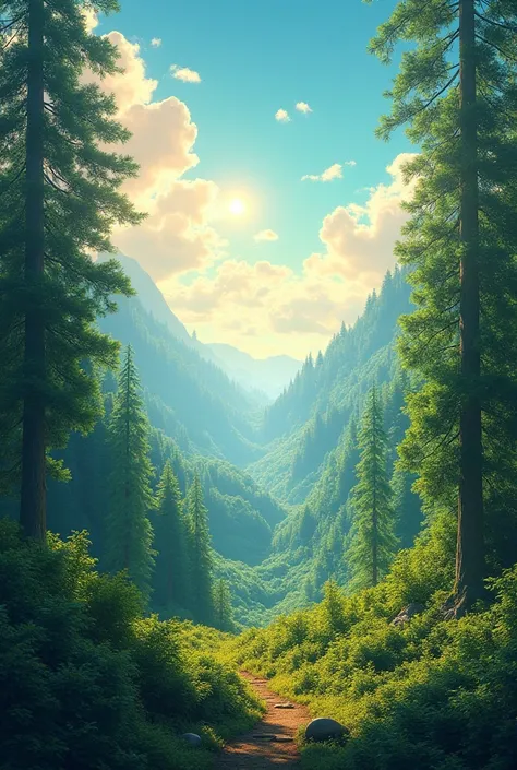 serene landscape of a lush green forest with a bright blue sky, symbolizing the dawn of humanity."