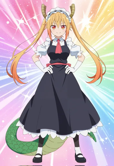 masterpiece, best quality, amazing quality, anime screencap. BREAK. Tohru, Kobayashi-san Chi no Maid Dragon, anime character, female, dragon girl, maid outfit, hands on hips, confident pose, smiling, long blonde hair, orange tips, horns, dragon tail, maid ...