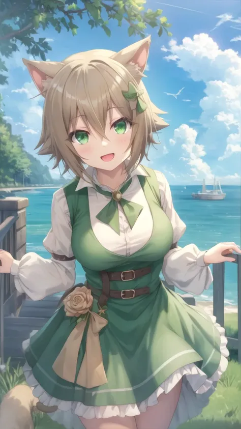 masterpiece, best quality, girl, solo, looking at viewer, elk_choujin_koukousei-tachi, light brown hair, green eyes, hair between eyes, cat ears, large breasts, princess connect Re:Dive cosplay, princess Dress, standing, smile, open mouth, outdoors 