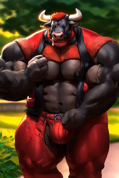 bara bull, black fur, park, very large pecs, strong physique, bulge, red biker pants, very muscular, perfect anatomy, masterpiece, red beard, strong jaw, giant biceps, red biker vest, hairy pectorals, solo, great lighting, semi realistic, semirealistic