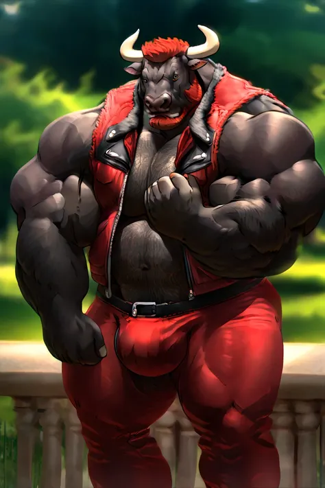 bara bull, black fur, park, very large pecs, strong physique, bulge, red biker pants, very muscular, perfect anatomy, masterpiece, red beard, strong jaw, giant biceps, red biker vest, hairy pectorals, solo, great lighting, semi realistic, semirealistic