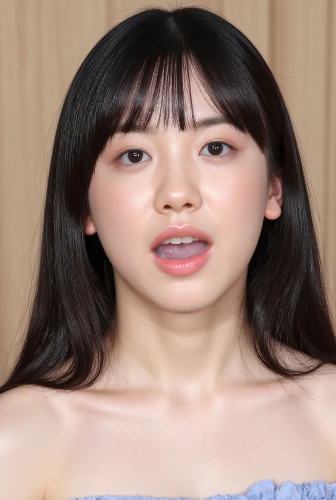 The high resolution photograph of a young Japanese female idol named kakki, solo, 1girl, wearing a off-shoulder dress, face focus, close-up of face, looking at the camera, straight long black hair with blunt bangs, pale skin, detailed face, detailed eyes, ...