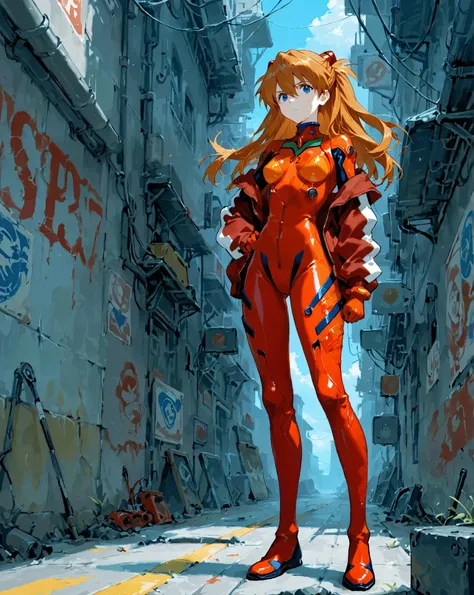 score_9, score_8_up, score_7_up, UHD, 1girl, solo, Masterpiece, UHD, Soryu Asuka Langley, full body, action painting, yubu, Neon Genesis Evangelion