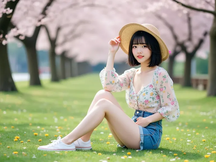 masterpiece, best quality, Cinematic photo, a 18-year-old Japanese woman (short black straight hair, bangs reaching to eyebrows, boyish, with ears sticking out, Brown eyes), Complete Anatomy, Complete Hands, wearing a wide-brimmed straw hat decorated with ...