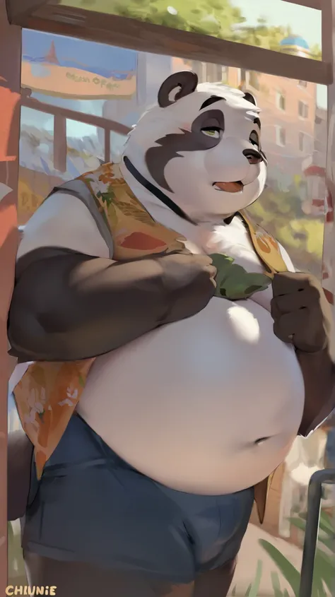 very (panda, Polar or brown), a man, adult, Alone, gordo, big round belly  , growing, fat gay fetish , only, yaoi, doujin,   wearing a small casual vest, small urban town  ,    Summer vibes,    detailed background,   looking at the spectator,   high defini...