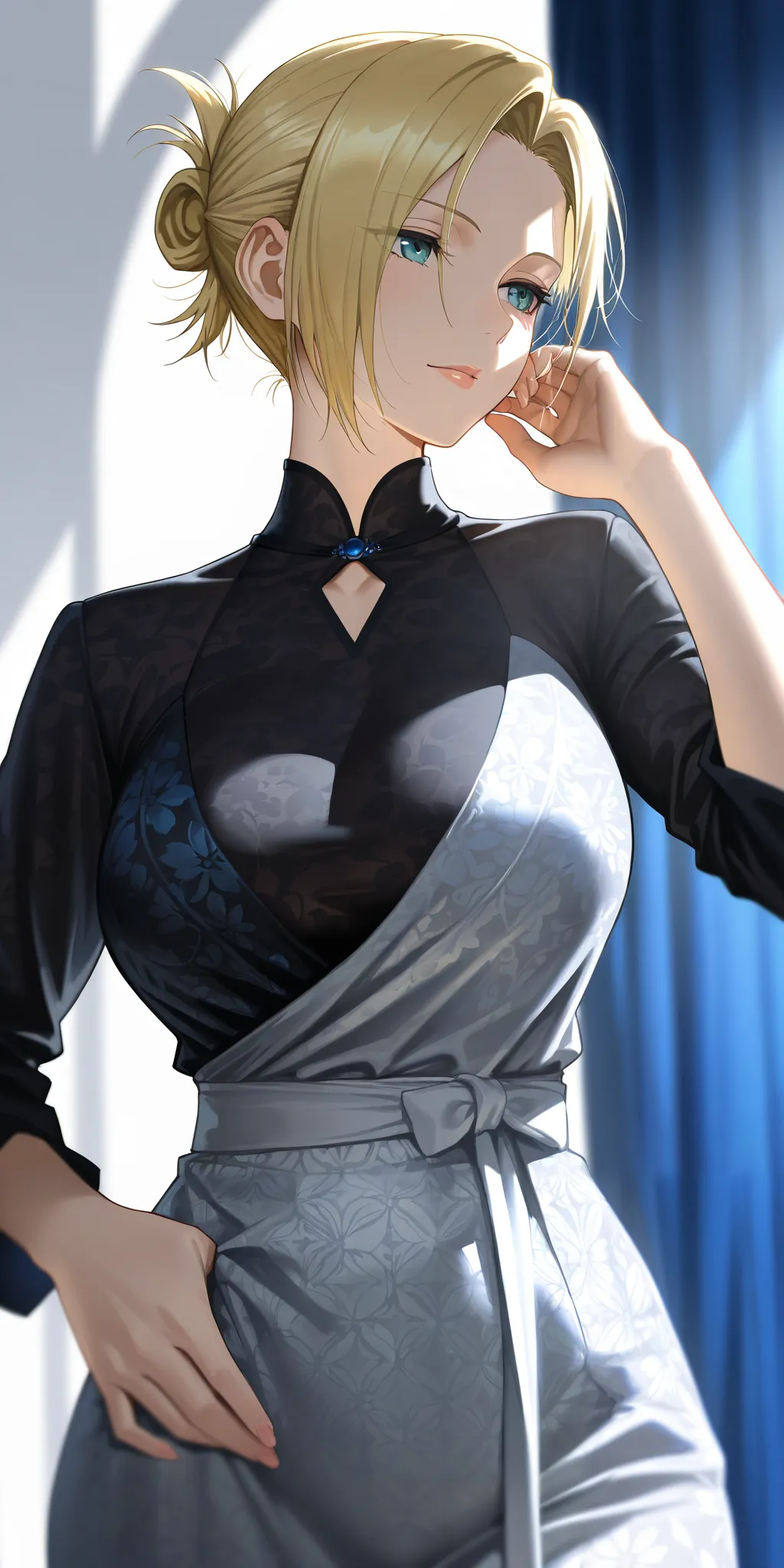 Masterpiece, elegant mature woman, annie Leonhart, tall body, indian traditional costume, printed pattern using new design, upper body, dynamic lighting, ultra detailed, highres, absurdres, wit studio style, blue light, black and white dark colour costume.