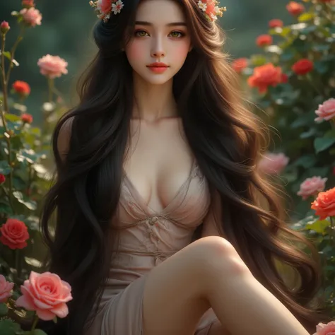   Top Quality 。  highest resolution 。  super realistic photo  。  full body portrait in front of  。）  super long hairの美しい女性がいる 。 More beautiful than a beautiful actress 。  beautiful young women 。  in a garden with lots of flowers blooming where no one else ...