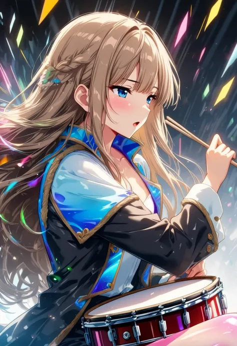  (masterpiece),(absurdres),(ultra detailed),(beautiful detailed),colorful splash art:1.2,chaos:1.1, cute、 beautiful、Fantastic,upperbody shot,half-closed eyes,(Colorful shiny music-score:1.6),mysterious drummer,playing snare drums,holding drumsticks,sit on ...