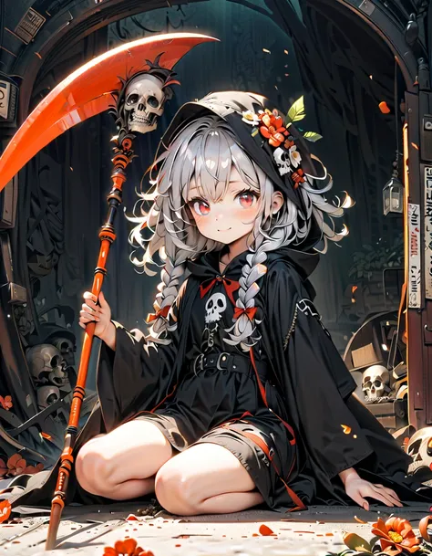 Alone,1 Female\(Grim Reaper , cute, cute,Age 10, hair color is white , hair with braids,Messy Hair,Eye color is dark, big eyes, pale skin on a street car, big smile,enjoy, full body, Is Grim Reaper's Black Robe  ,( black hood ), has a scythe, Skip, Flower ...