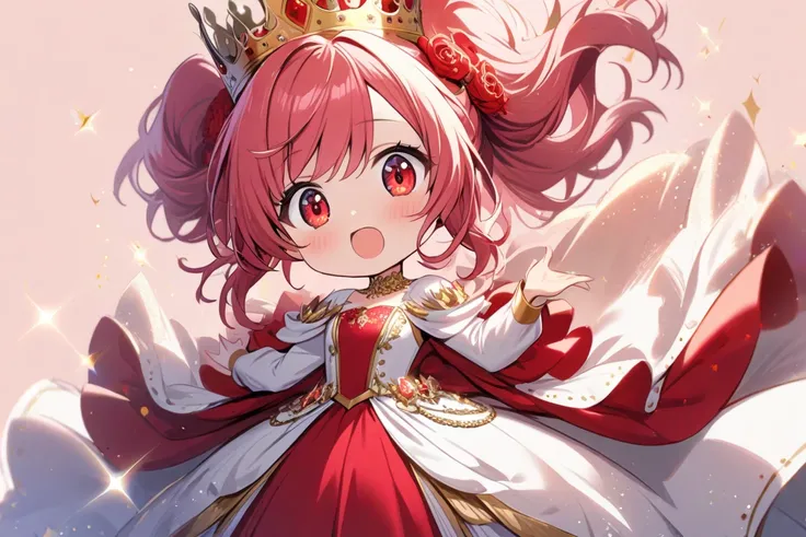 1girl, Red Hair, Open Mouth, Red Eyes, Royal Crown, Sparkle, Bloom, Royal Gown, Little, Red Styles, Simple background, HD, Pink Hair, standing,