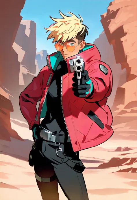 1boy, vash the stampede, trigun stampede, red jacket, sunglasses, gun, hand on own hip, aiming, standing, looking at viewer, upper body, desert, cliff, cowboy shot