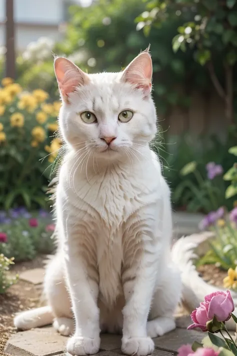 A realistic white cat with bright blue eyes sits calmly in the middle of a colorful flower garden. The cat's soft, fluffy fur shimmers under the warm glow of the late afternoon sun. A gentle breeze moves through the scene, carrying delicate flower petals t...