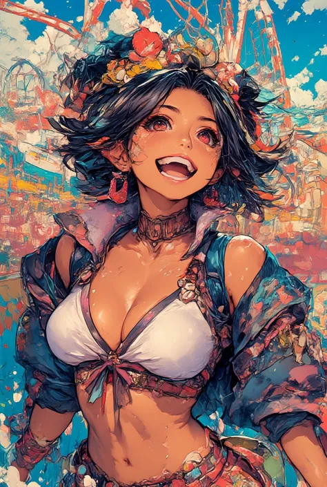  A naughty oni girl wearing a crop top plays in a park with a rollercoaster in the background, sticks out his tongue,  with crazy expressions ,  intricate details , digital painting, digital art, Japanese pattern, jacket stylish, baseball sticks , POV scre...