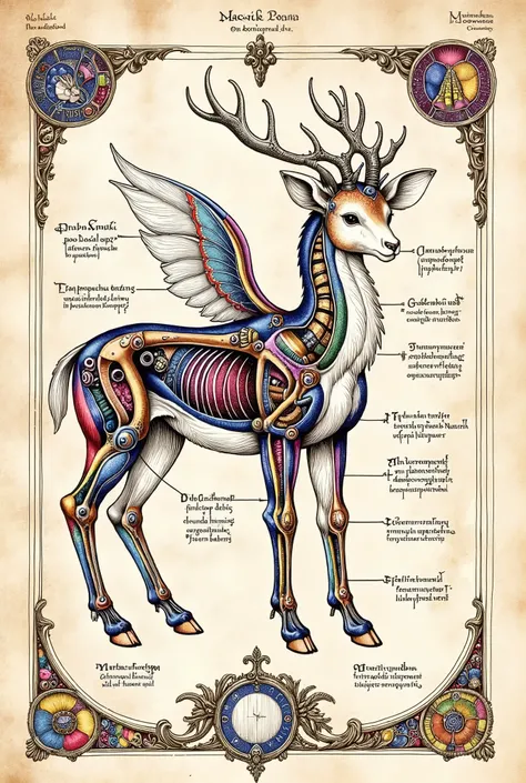 Medieval Illuminated manuscript style artwork, colorful ink pen linework, ((textbook illuminated manuscript page)) of labelled anatomical drawing of ((mythical fantastical dreamland woodland fae creature))