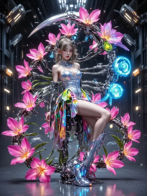 (3D, Mechanical feel, cute, ais-scrapyrd 1girl, tulip), (whole body image taken using wide-angle lens: 1.9), (masterpiece: 1.1), (Highest quality: 1.1), (HDR: 1.0), Ambient Light, Ultra high quality, (Ultra-detailed original illustrations), (1 Girl, whole ...