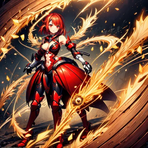 (((Best resolution, Textured skin, high quality, Precise CG unification, game CG))), Solo, woman, red short hair, detailed red eyes, Are standing, full body dress armor, Are standing, fighting, front view, magic,