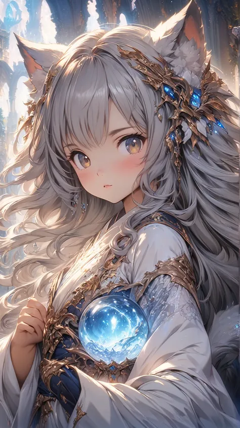 ( Masterpiece:1.2), ( top quality:1.2),  ultra high resolution, very well detailed ,  perfect lighting,  Wolf Girl , Gray Hair,  Idle,  Otherworldly Fantasy , fluffy tail, cute,  viewers,  from before , Cracked Screen ,  digital anime art  ,  European Woma...