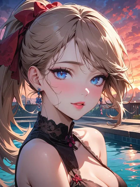  masterpieces, Top quality CG ,   Best Quality,  Perfect Image ,  colorful sunset ， Lydia at the pool ， beautifully detailed eyes ， pretty lips ，earring， Collar， high ponytail blonde ， blue eyes，Red bow，smileLooks at the listener with delight ， wearing sex...