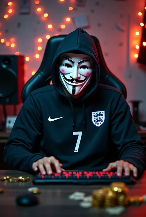 Play a character sitting in a gamer chair touching the computer in a room filled with notes and golds wearing an Anonymous hacker mask with the black England jersey written L7 on the front of the male character jersey