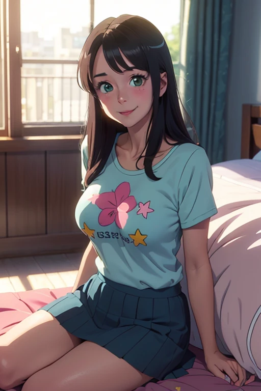 A cute eighteen year old anime girl who have big green eyes and breasts(34B) wearing a sky blue colour skirt with star print and a t-shirt with floral shade and sitting over bed and smiling with blushing cheeks