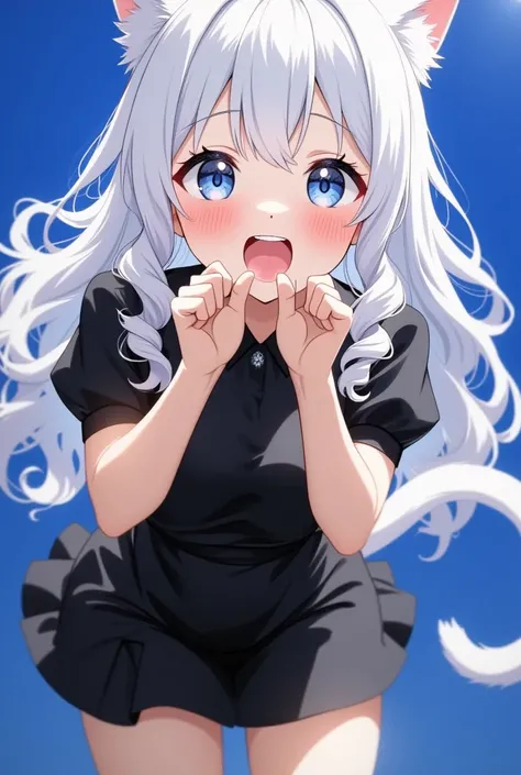 Girl with silver hair and cat ears, The girl with the white cat's tail, black mini skirt dress,  living room at home, I'm surprised and overjoyed, (((face shot))),  (((close up))), Put your hands on your mouth, lean forward, and rejoice,  Ceiling Fluoresce...