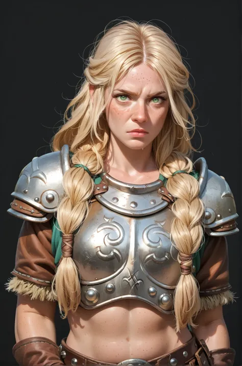 Cartoon of a viking girl, green eyes, expression of anger, freckles, blonde hair, sexy leather armor, simple dark background