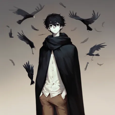 1man, solo, long messy black hair, black eyes, bags under eyes, pale skin, slim body, black cloak, black feathers, white blouse, brown pants, black scarf, black gloves, expressionless, hands on pockets, crows, ravens, standing, looking at viewer, simple ba...