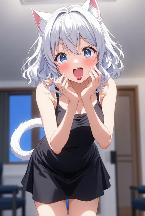 Girl with silver hair and cat ears, The girl with the white cat's tail, black mini skirt dress,  living room at home, I'm surprised and overjoyed, (((face shot))),  (((close up))), Put your hands on your mouth, lean forward, and rejoice,  Ceiling Fluoresce...