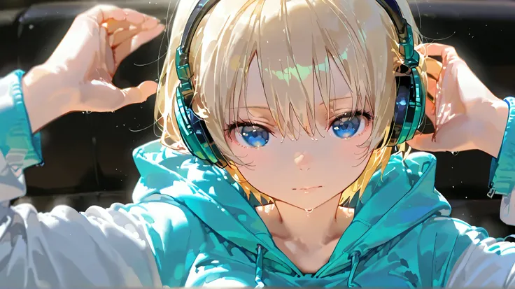  1 girl,  blonde,  short hair,  headphones,  hoodie