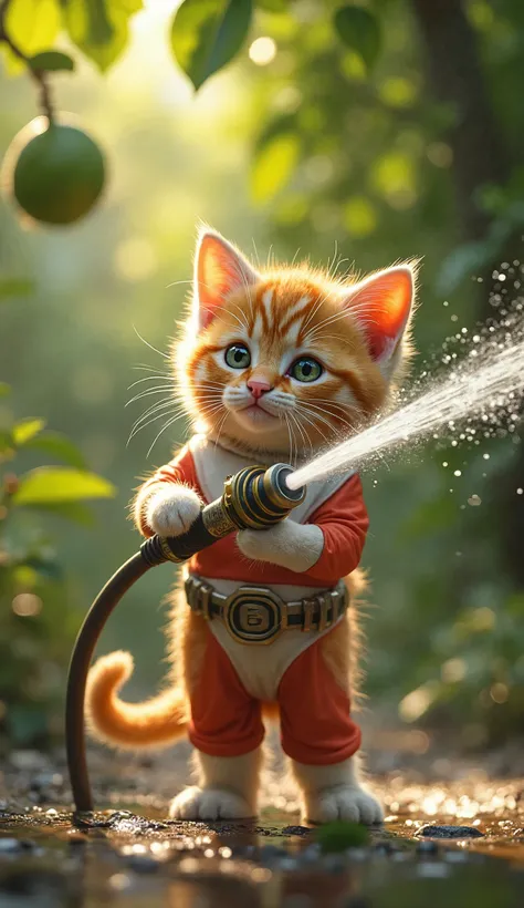 kitten (kitten cat orange  , cute, dressed like power ranger), standing under the guava tree, holds a hose that sprays water towards the front