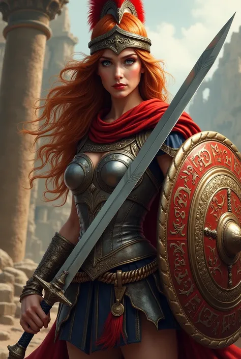 Create realistic woman from the Roman era using a sword and shield with a red helmet. With blue eyes and long red hair in Roman armor